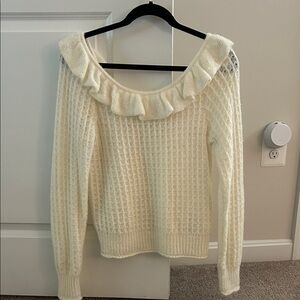 Anthropologie Cream Off-the-Shoulder Ruffle Sweater